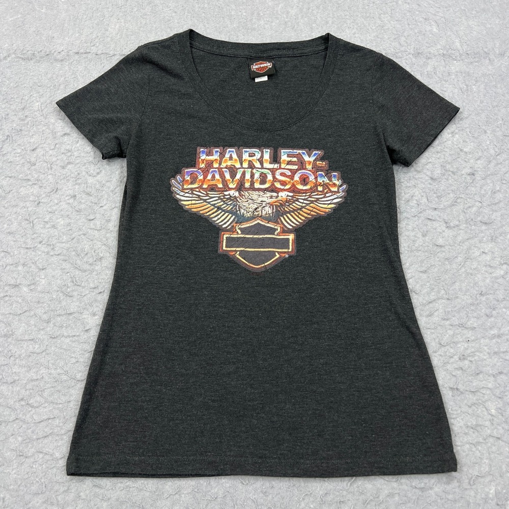 Harley Davidson Shirt Women's Large Gray Double Sided Biker Chick Scoop Neck Tee